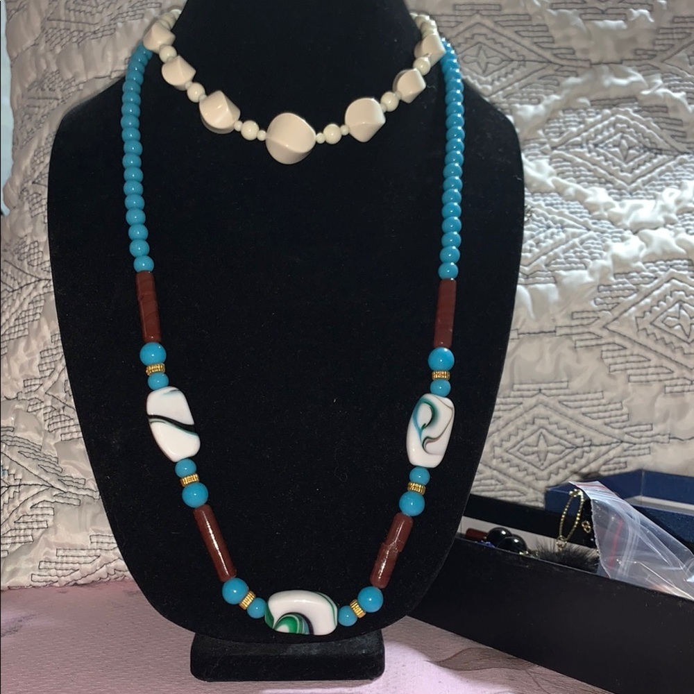 Blue and Gold Necklace with Turquoise Beads and Decorative Elements
